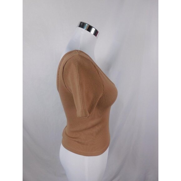 Bozzolo Tan Ribbed Knit Crop Top Deep Scoop Neck M/L - Picture 7 of 11